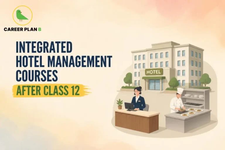 Career Plan B infographic on integrated hotel management courses after Class 12, featuring hotel reception and culinary training. It highlights hospitality education, NCHM JEE, top IHMs, eligibility, and career opportunities for aspiring hotel management students.