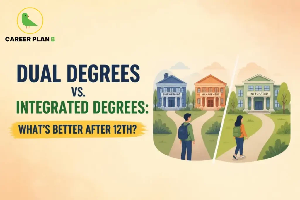 Career Plan B infographic comparing dual degrees and integrated degrees after Class 12. The illustration features students choosing between engineering, management, and integrated programmes to help understand course structure, admissions, and career pathways.
