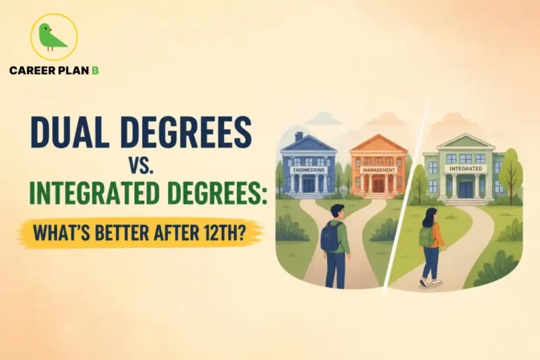Career Plan B infographic comparing dual degrees and integrated degrees after Class 12. The illustration features students choosing between engineering, management, and integrated programmes to help understand course structure, admissions, and career pathways.