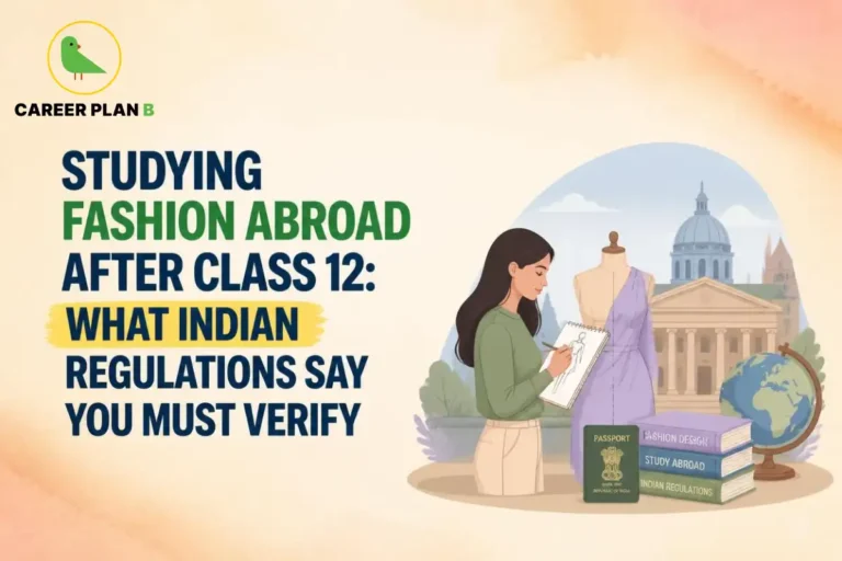 Career Plan B infographic on studying fashion abroad after Class 12. The illustration features a fashion student sketching a design with international landmarks, highlighting Indian regulations, AIU equivalence, institutional accreditation, student visas, and study abroad requirements for fashion