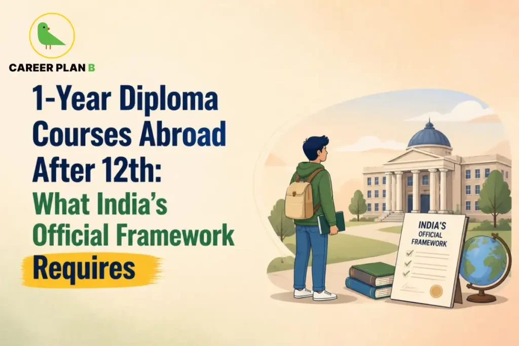 Career Plan B infographic on 1-Year Diploma Courses Abroad After 12th. The illustration highlights India's official framework, AIU equivalence, institutional accreditation, foreign diploma recognition, and key checks Indian students should complete before studying abroad.