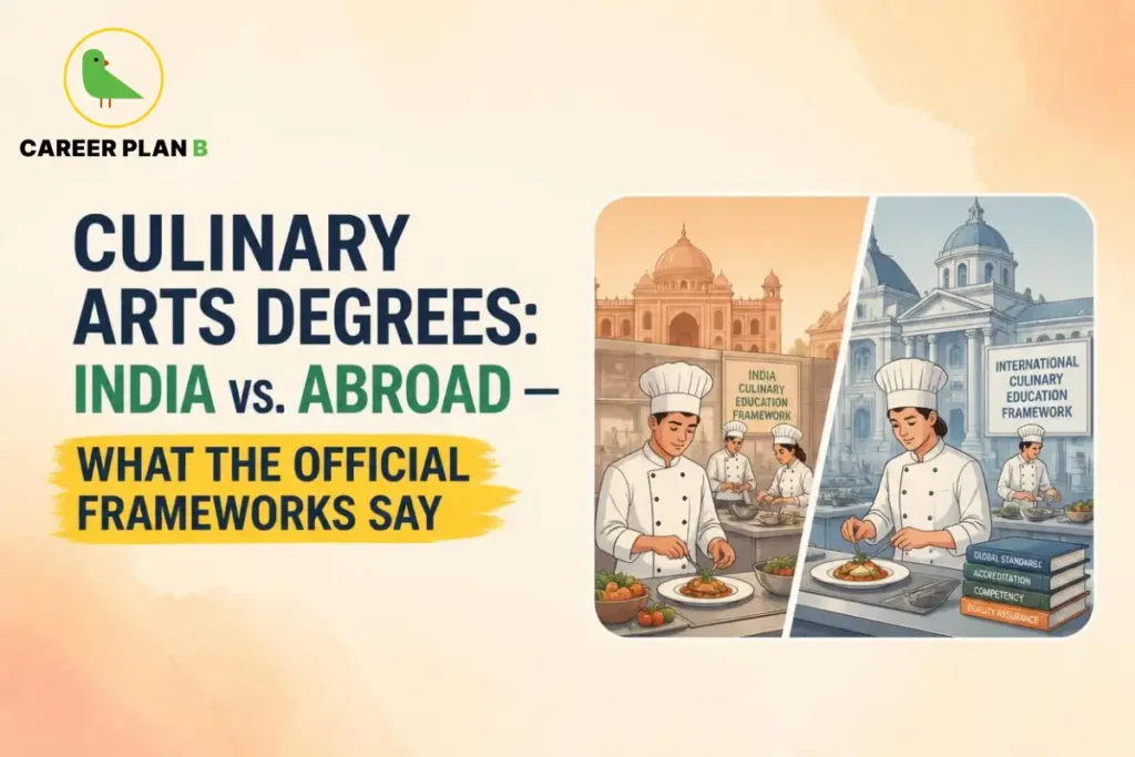 Career Plan B infographic comparing Culinary Arts degrees in India and abroad. It highlights NCHMCT, international culinary schools, official education frameworks, degree recognition, accreditation, and career pathways for aspiring chefs.