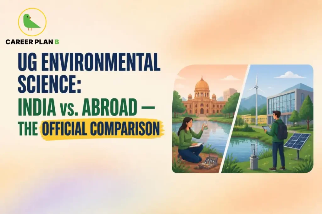 Career Plan B infographic comparing UG Environmental Science in India vs. abroad. It highlights CUET admissions, foreign university pathways, UGC and AIU recognition, environmental research, sustainability, and official education frameworks.