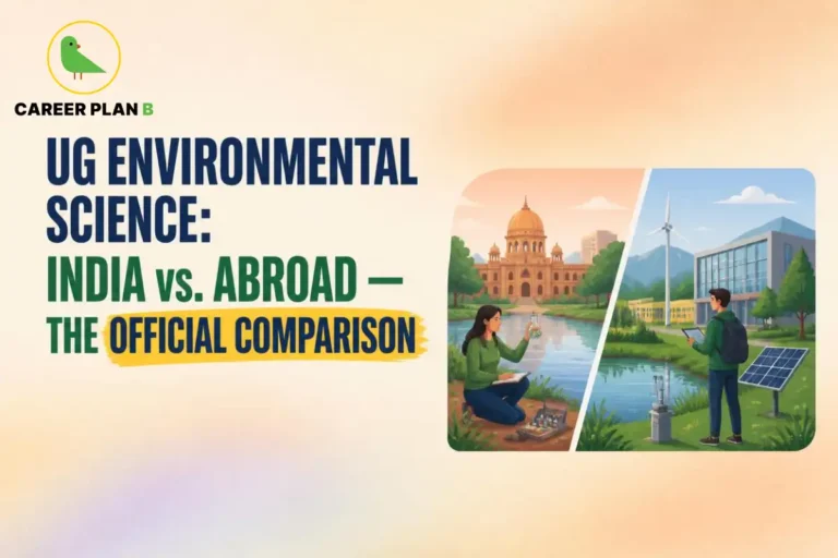 Career Plan B infographic comparing UG Environmental Science in India vs. abroad. It highlights CUET admissions, foreign university pathways, UGC and AIU recognition, environmental research, sustainability, and official education frameworks.