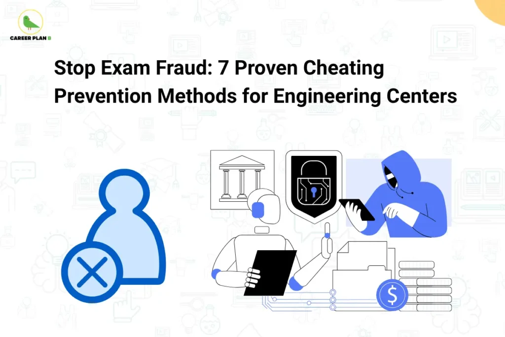 Engineering Exam Center Cheating Prevention illustration showing security shield, hooded figure, and Career Plan B logo.