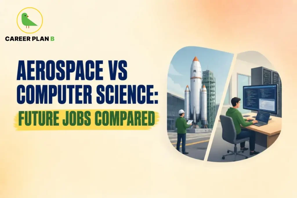 This image contains a Career Plan B infographic with the title “Aerospace vs Computer Science: Future Jobs Compared,” featuring a space rocket, an aerospace engineer, and a software developer coding on dual monitors, comparing Aerospace vs Computer Science Future Jobs and career opportunities. It highlights the differences between aerospace engineering and computer science, helping students understand future career paths, job prospects, and industry opportunities in both fields.