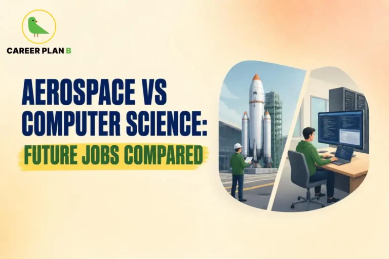 This image contains a Career Plan B infographic with the title “Aerospace vs Computer Science: Future Jobs Compared,” featuring a space rocket, an aerospace engineer, and a software developer coding on dual monitors, comparing Aerospace vs Computer Science Future Jobs and career opportunities. It highlights the differences between aerospace engineering and computer science, helping students understand future career paths, job prospects, and industry opportunities in both fields.