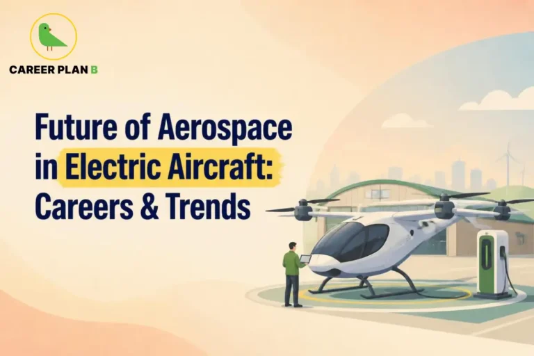 This image contains a Career Plan B infographic with the title “Future of Aerospace in Electric Aircraft: Careers & Trends,” featuring an electric aircraft parked beside a charging station, an aerospace professional using a digital device, and a modern aviation facility in the background. It highlights the Future of Aerospace in Electric Aircraft, showcasing sustainable aviation, electric propulsion technology, and emerging aerospace career opportunities.