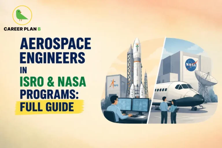 This image contains a Career Plan B infographic with the title “Aerospace Engineers in ISRO & NASA Programs: Full Guide,” featuring an aerospace engineer working at a mission control station, an ISRO launch vehicle, the ISRO and NASA facilities, a space shuttle, and satellite communication equipment. It highlights Aerospace Engineers in ISRO, comparing career opportunities, space missions, and professional pathways in India's and the world's leading space agencies.