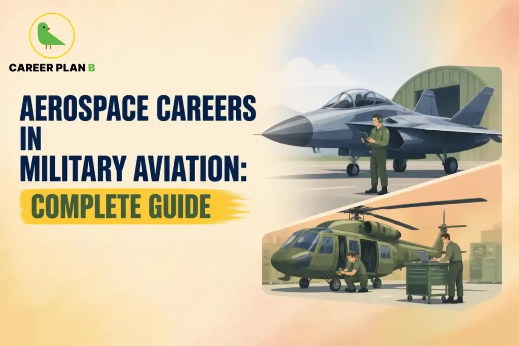 This image contains a Career Plan B infographic titled "Aerospace Careers in Military Aviation: Complete Guide," illustrating Military Aviation Careers through a fighter jet, military helicopter, and aerospace engineers inspecting defence aircraft at an aviation base. It showcases Military Aviation Careers in the Indian Air Force, DRDO, HAL, and defence aerospace engineering.