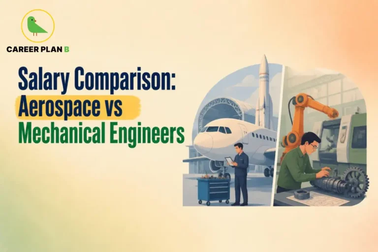 This image contains a Career Plan B infographic titled "Salary Comparison: Aerospace vs Mechanical Engineers ," showing an aerospace engineer beside an aircraft and rocket and a mechanical engineer operating industrial machinery. The image compares Aerospace vs Mechanical Engineers to help students understand salary differences and career opportunities.