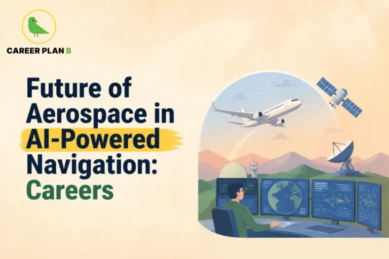 This image contains a Career Plan B and AI-Powered Navigation infographic titled "Future of Aerospace in AI-Powered Navigation: Careers," showing an aerospace engineer monitoring multiple flight-control screens, a commercial aircraft flying overhead, a satellite in orbit, and a ground communication antenna. The infographic explains AI-Powered Navigation in aerospace and illustrates how intelligent flight systems support modern aviation careers.