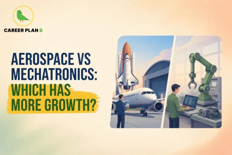 This image contains a Career Plan B Aerospace vs Mechatronics infographic titled "Aerospace vs Mechatronics: Which Has More Growth?" featuring an aerospace engineer inspecting an aircraft and space shuttle outside a hangar alongside a mechatronics engineer programming a robotic arm on a computer. The infographic explains Aerospace vs Mechatronics by comparing career growth, engineering fields, and future opportunities for aspiring engineers.