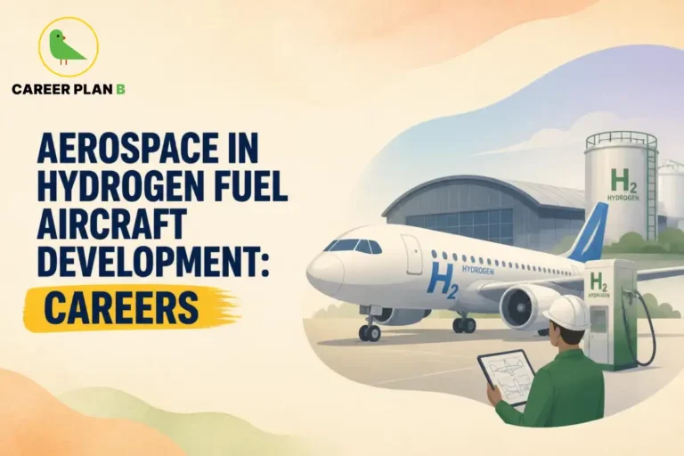 This image contains a Career Plan B Hydrogen Fuel Aircraft infographic titled "Aerospace in Hydrogen Fuel Aircraft Development: Careers," showing a hydrogen-powered passenger aircraft parked near a hydrogen refuelling station, large hydrogen storage tanks, an aircraft hangar, and an aerospace engineer reviewing technical plans on a digital tablet. The infographic explains Hydrogen Fuel Aircraft by illustrating clean aviation technology, hydrogen-powered aircraft development, and emerging aerospace engineering career opportunities.