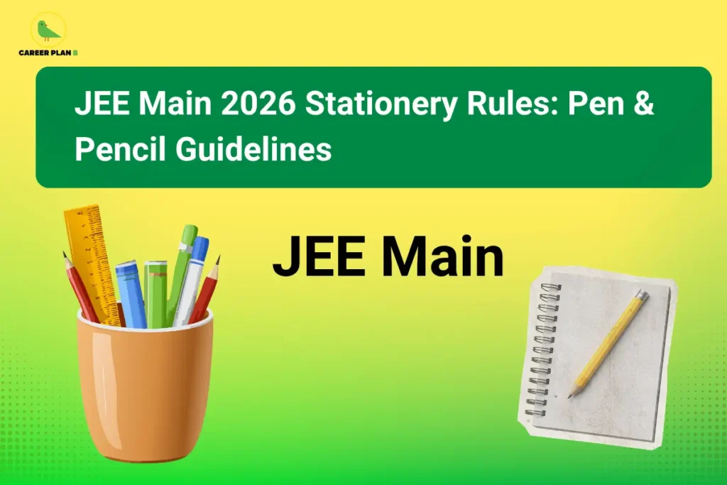 JEE Main 2026 stationery rules with pens, ruler, notebook, and Career Plan B logo displayed.