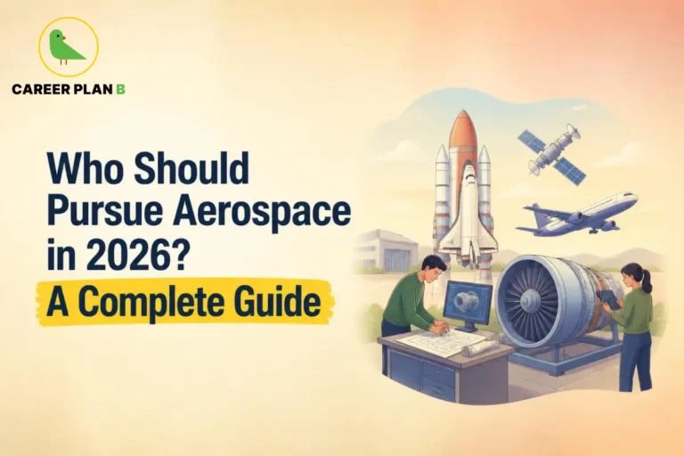 This image contains a Career Plan B Who Should Pursue Aerospace infographic titled "Who Should Pursue Aerospace in 2026? A Complete Guide," featuring aerospace engineers reviewing aircraft engine designs, a space shuttle, a commercial airplane, a satellite, and a jet engine. The infographic explains Who Should Pursue Aerospace by illustrating aerospace engineering careers, required skills, eligibility, and future opportunities in the aviation and space industry.
