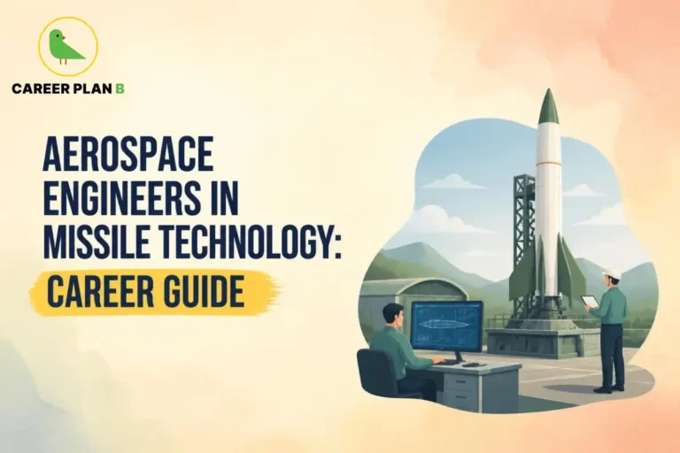 This image contains a Career Plan B and Aerospace Engineers in Missile Technology infographic titled "Aerospace Engineers in Missile Technology: Career Guide," showing aerospace engineers monitoring missile design on a computer, inspecting a missile launch vehicle on a launch pad, and reviewing technical data using a digital tablet. The infographic explains Aerospace Engineers in Missile Technology by illustrating missile development, defence engineering, and career opportunities in aerospace and strategic research.