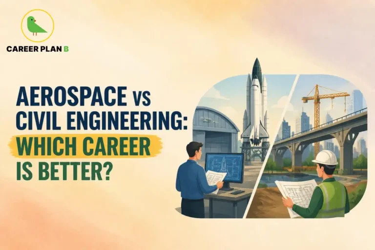 This image contains a Career Plan B and Aerospace vs Civil Engineering infographic titled "Aerospace vs Civil Engineering: Which Career is Better?" featuring an aerospace engineer with a rocket and a civil engineer reviewing bridge construction plans. The infographic compares Aerospace vs Civil Engineering and highlights career opportunities in both field