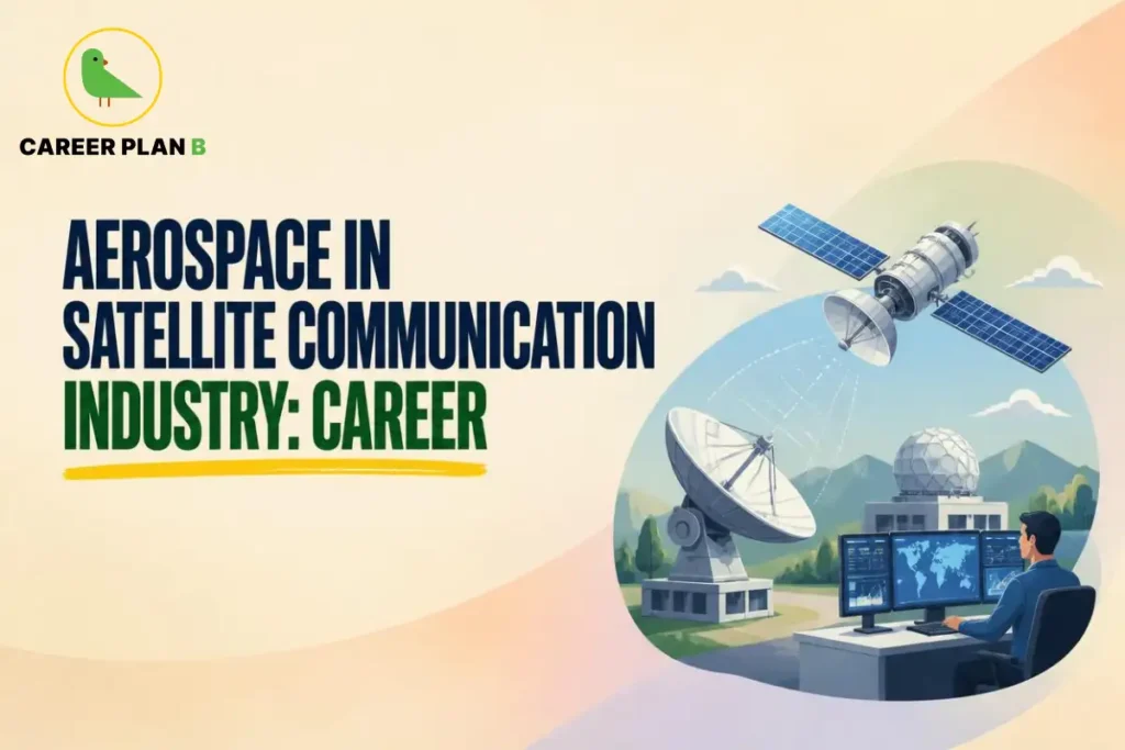 This image contains a Career Plan B and Satellite Communication Industry infographic titled "Aerospace in Satellite Communication Industry: Career," featuring a satellite in orbit, satellite communication antennas, a ground station, and an aerospace engineer monitoring satellite data on multiple computer screens. The infographic explains the Satellite Communication Industry and highlights aerospace careers in satellite communication and space technology.