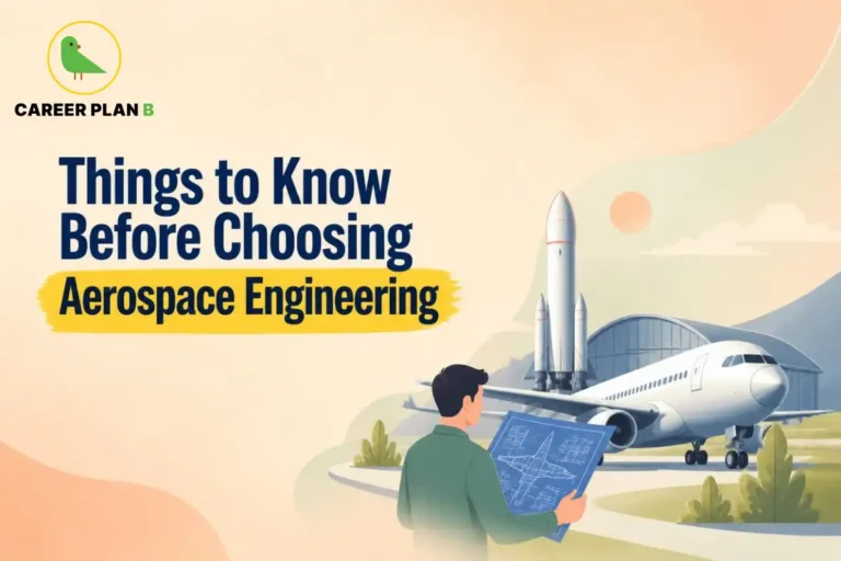 This image contains a Career Plan B and Choosing Aerospace Engineering infographic titled "Things to Know Before Choosing Aerospace Engineering," featuring an aerospace engineer reviewing an aircraft blueprint with a commercial airplane, a launch vehicle, and an aircraft hangar in the background. The infographic explains Choosing Aerospace Engineering and highlights career opportunities, skills, and future prospects in aerospace engineering.