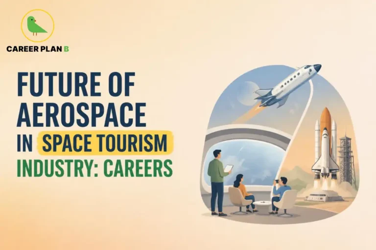 This image contains a Career Plan B and Space Tourism Industry infographic titled "Future of Aerospace in Space Tourism Industry: Careers," featuring a reusable spacecraft in flight, a space shuttle on a launch pad, and visitors viewing space travel while an aerospace professional monitors the mission. The Career Plan B infographic explains the Space Tourism Industry and highlights aerospace careers in commercial spaceflight and space exploration.