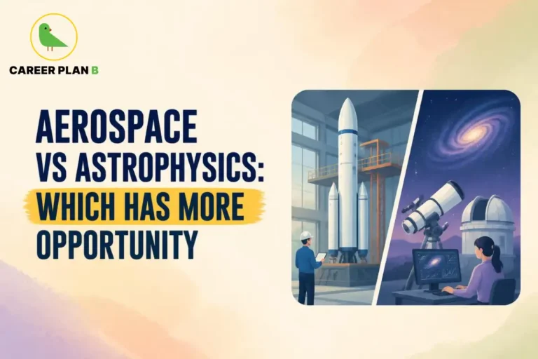 This image contains a Career Plan B educational infographic comparing Aerospace vs Astrophysics, featuring an aerospace engineer with a launch vehicle and an astrophysicist using a telescope at an observatory, highlighting career paths, higher studies, job opportunities, and future scope in both fields.