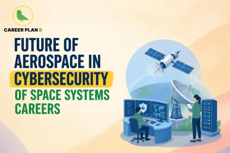 This image contains a Career Plan B educational infographic on Space Systems Cybersecurity, featuring aerospace professionals monitoring satellite security systems, cybersecurity dashboards, and a ground station, highlighting satellite protection, cyber defence, aerospace careers, and secure space communications.