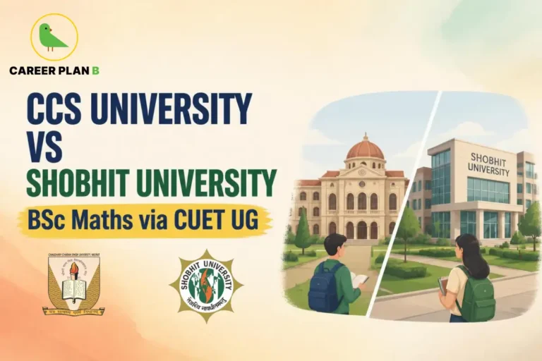 Comparison graphic of CCS University vs Shobhit University for BSc Maths courses, displayed alongside a Career Plan B logo. 