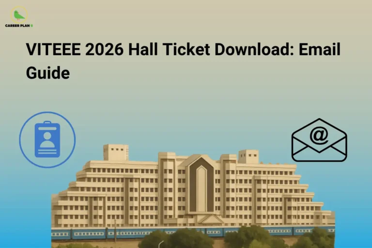 VITEEE 2026 hall ticket download guide with email icon, ID card icon, and Career Plan B logo.