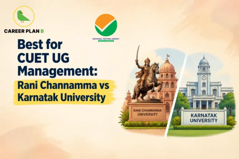Illustrations of the Rani Channamma University statue and Karnatak University building side-by-side, featuring the Career Plan B logo.