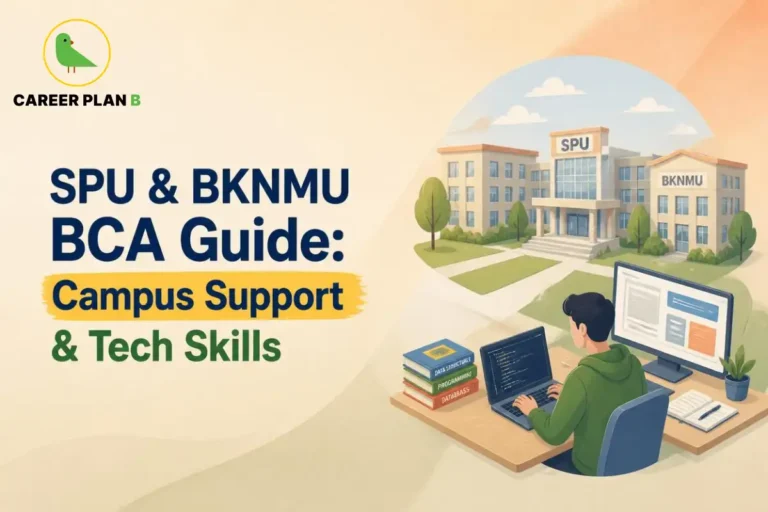 An educational graphic for SPU and BKNMU BCA guide programs, featuring a logo from Career Plan B.