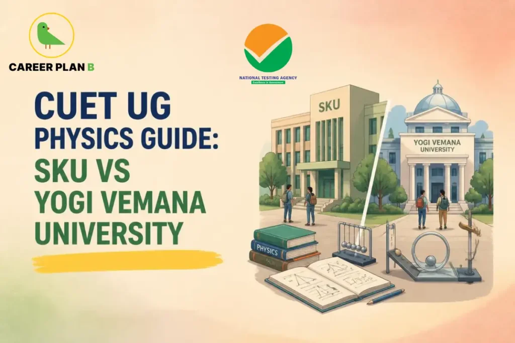 Students walking outside SKU and Yogi Vemana University campuses with physics experiment equipment, featuring Career Plan B.