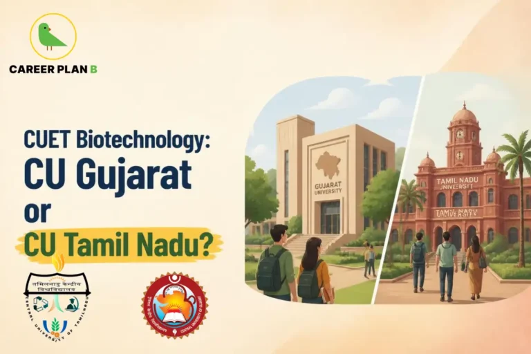 A comparison graphic for CUET Biotechnology options between Central University of Gujarat and Central University of Tamil Nadu.