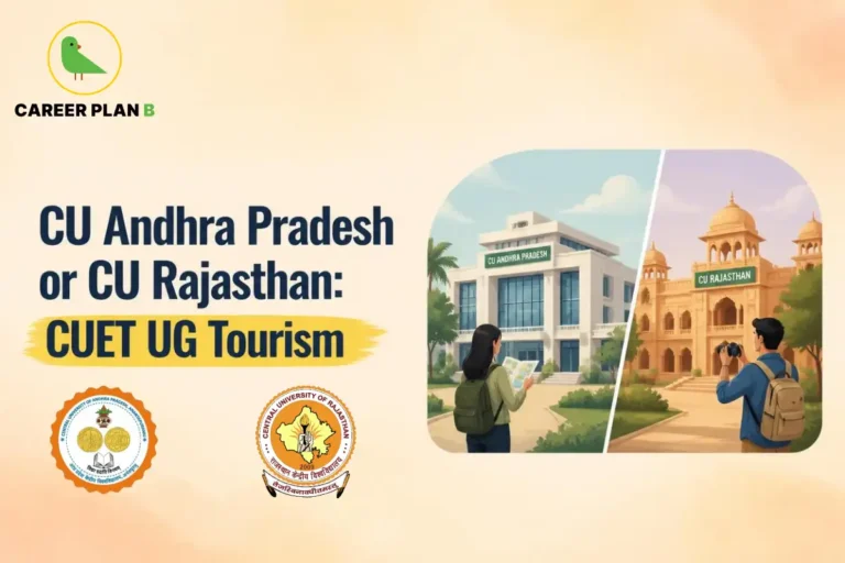 A comparison graphic between Central University of Andhra Pradesh and Central University of Rajasthan for CUET UG Tourism programs.