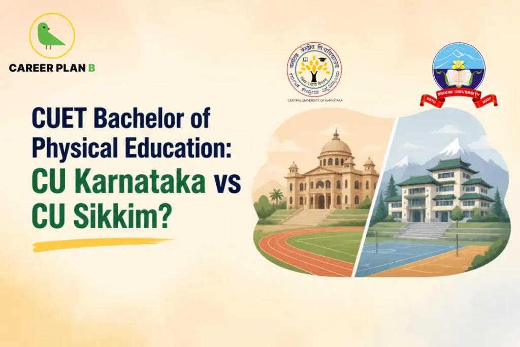 Comparison banner between Central University of Karnataka and Sikkim University for the CUET Bachelor of Physical Education program.
