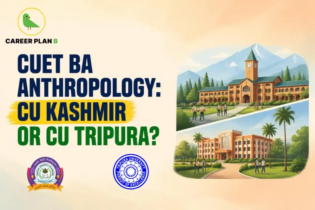 Educational comparison graphic between Central University of Kashmir and Tripura University for CUET BA Anthropology.