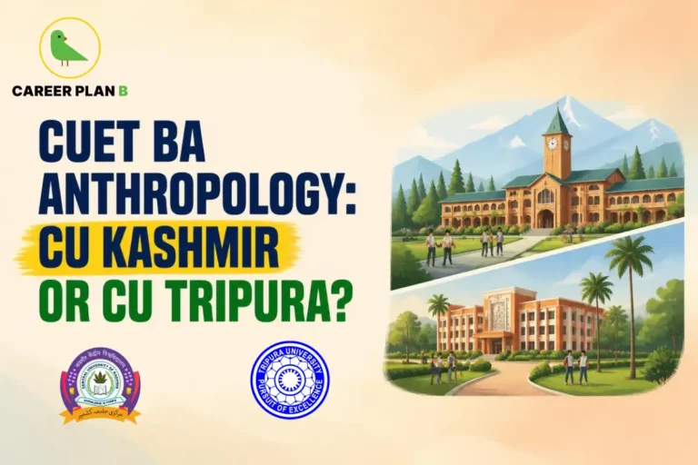 Educational comparison graphic between Central University of Kashmir and Tripura University for CUET BA Anthropology.