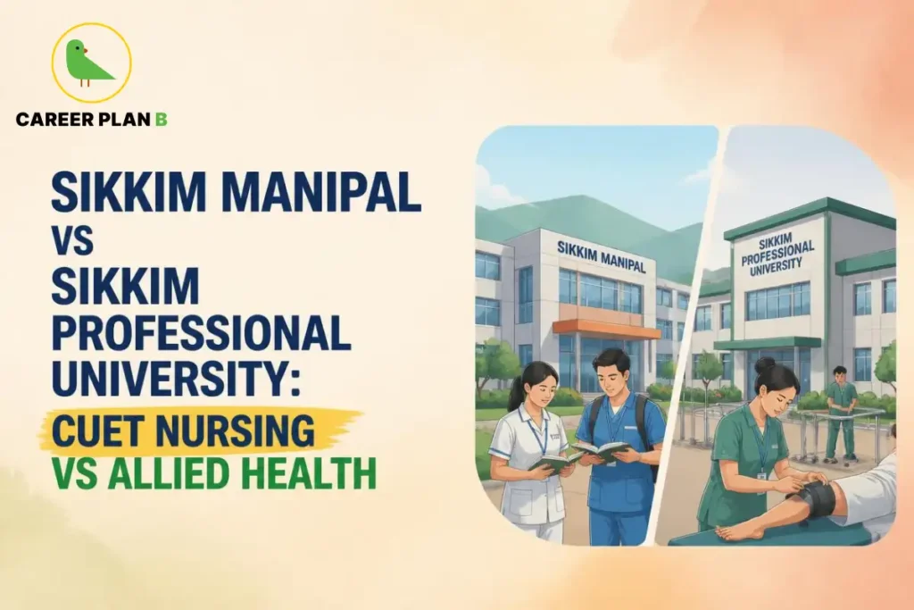 Educational comparison banner between Sikkim Manipal and Sikkim Professional University for CUET Nursing vs Allied Health.