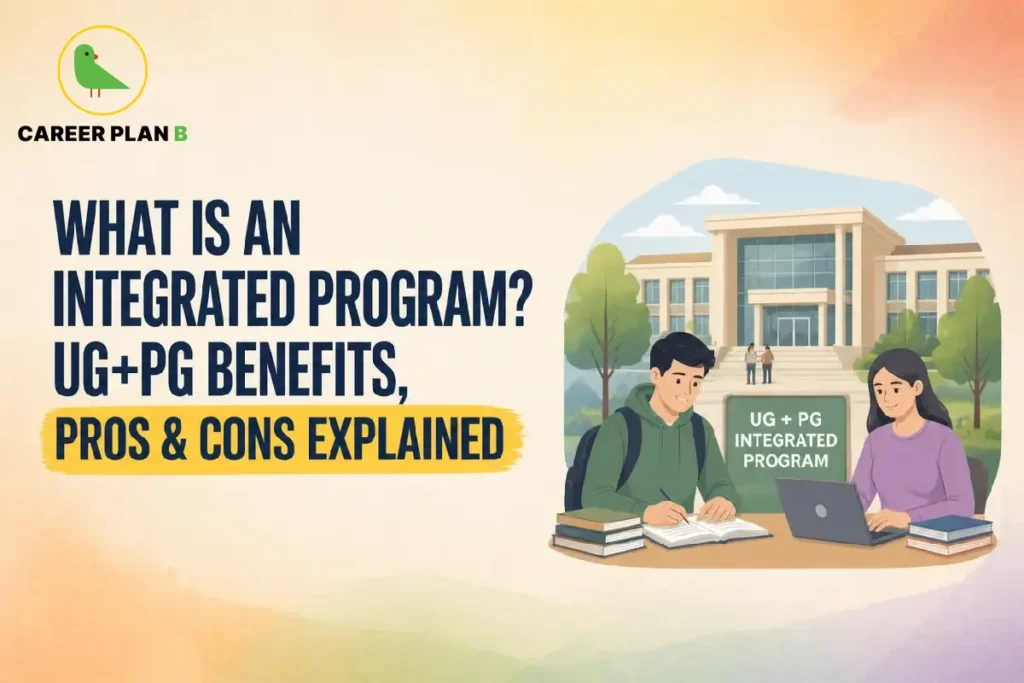 Career Plan B guide explaining what an integrated UG + PG program is, including its benefits, pros, and cons