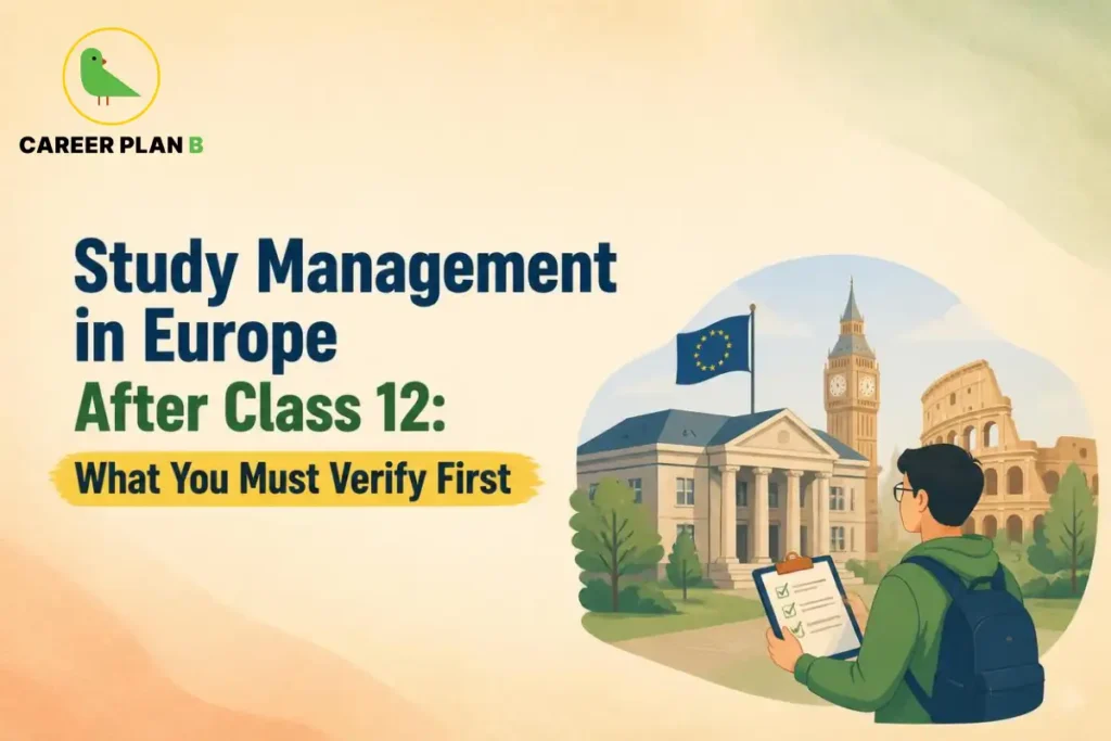 Career Plan B infographic explaining what students must verify before studying management in Europe after Class 12.