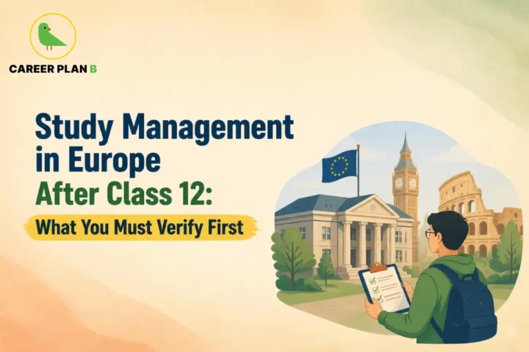 Career Plan B infographic explaining what students must verify before studying management in Europe after Class 12.
