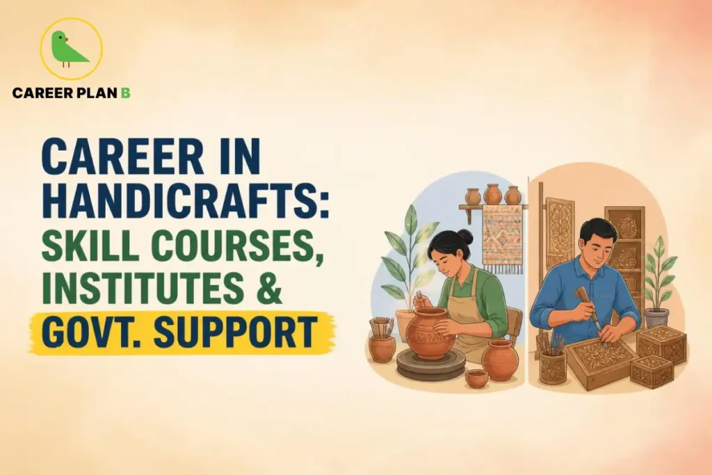 Career Plan B infographic on career in handicrafts, featuring skill courses, training institutes, and government support for artisans in India.