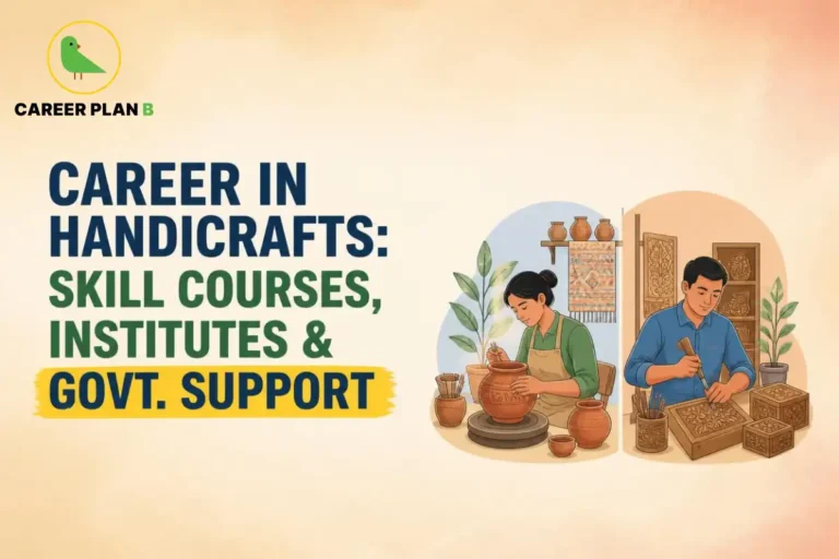 Career Plan B infographic on career in handicrafts, featuring skill courses, training institutes, and government support for artisans in India.
