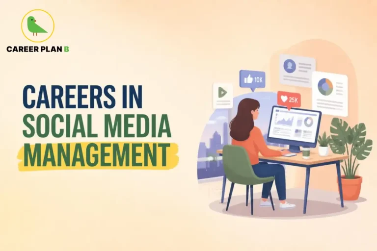 Careers in Social Media Management infographic by Career Plan B showing a professional managing social media analytics and engagement.