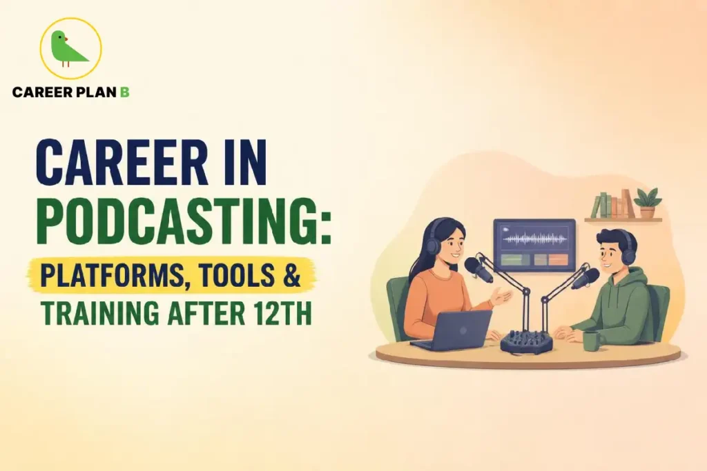 Career Plan B illustration showing a career in podcasting with platforms, tools, and training after 12th