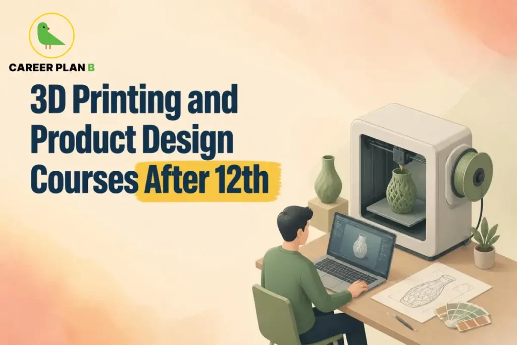 Career Plan B guide to 3D Printing and Product Design Courses After 12th with a 3D printer and product design workspace