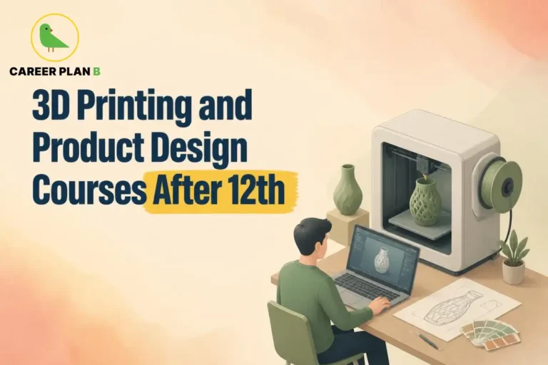 Career Plan B guide to 3D Printing and Product Design Courses After 12th with a 3D printer and product design workspace