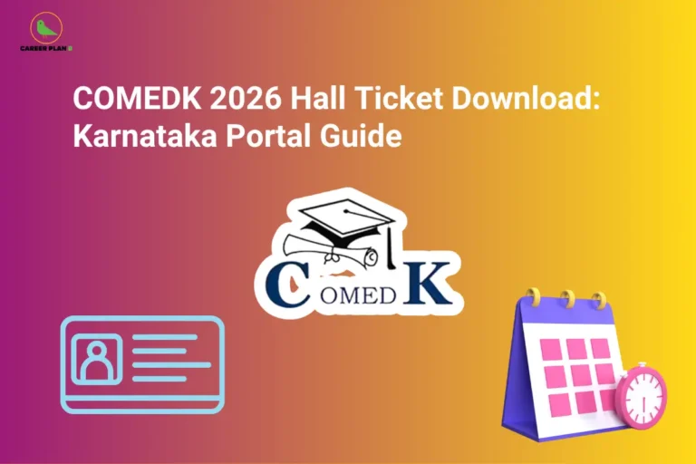 COMEDK 2026 hall ticket download guide with COMEDK logo, ID card icon, and Career Plan B logo.