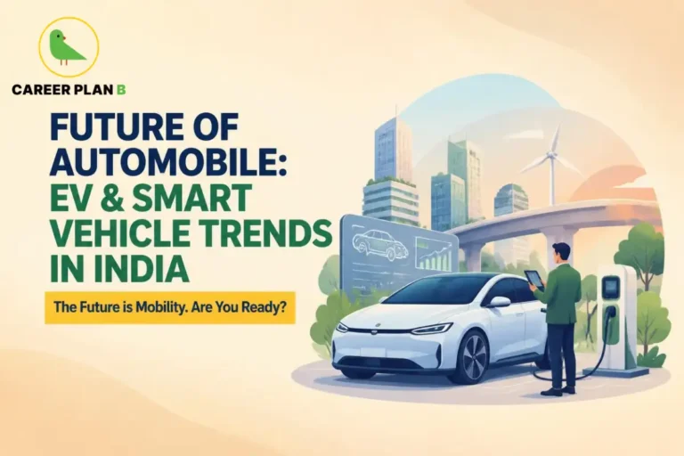 Future of automobile in India featuring electric vehicles, smart vehicle technology, EV charging, and connected mobility solutions