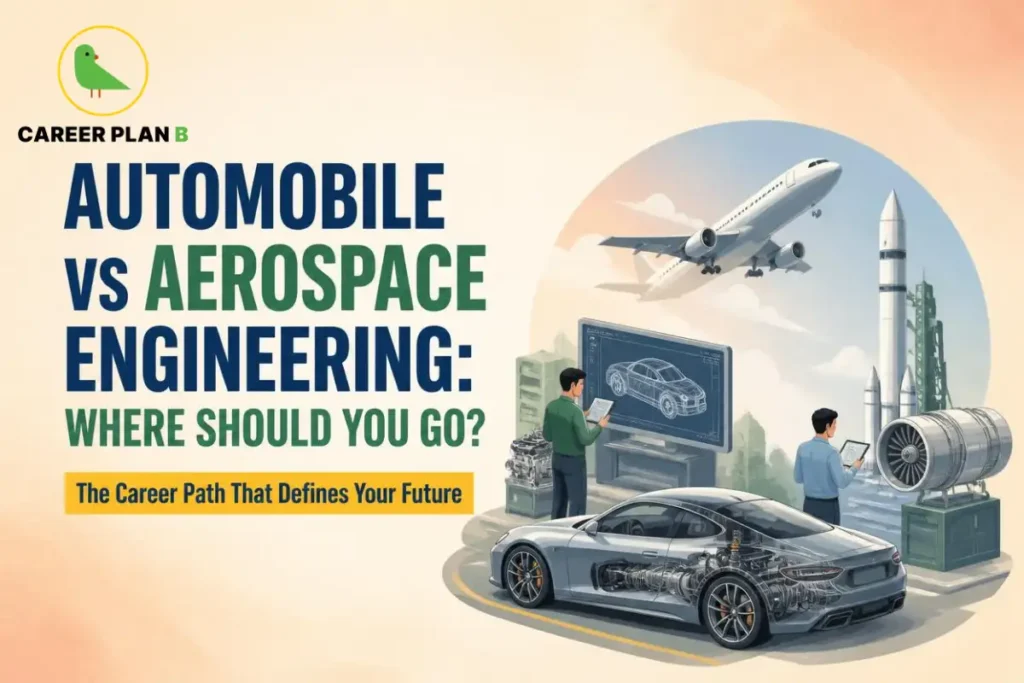 Automobile vs aerospace engineering comparison featuring electric car design, aircraft, rocket technology, automotive engineering, and aerospace career opportunities